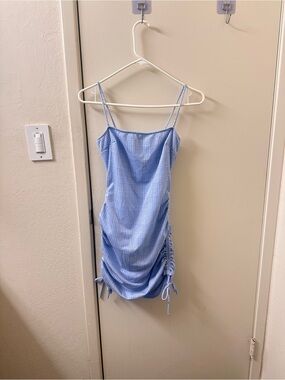 Windsor Sky Blue Plaid Ruched Spaghetti Strap Dress